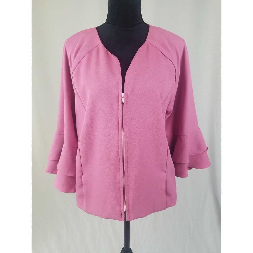 Bob Mackie women L crepe‎ jacket ruffle 3/4 sleeve pink zip up academia preppy